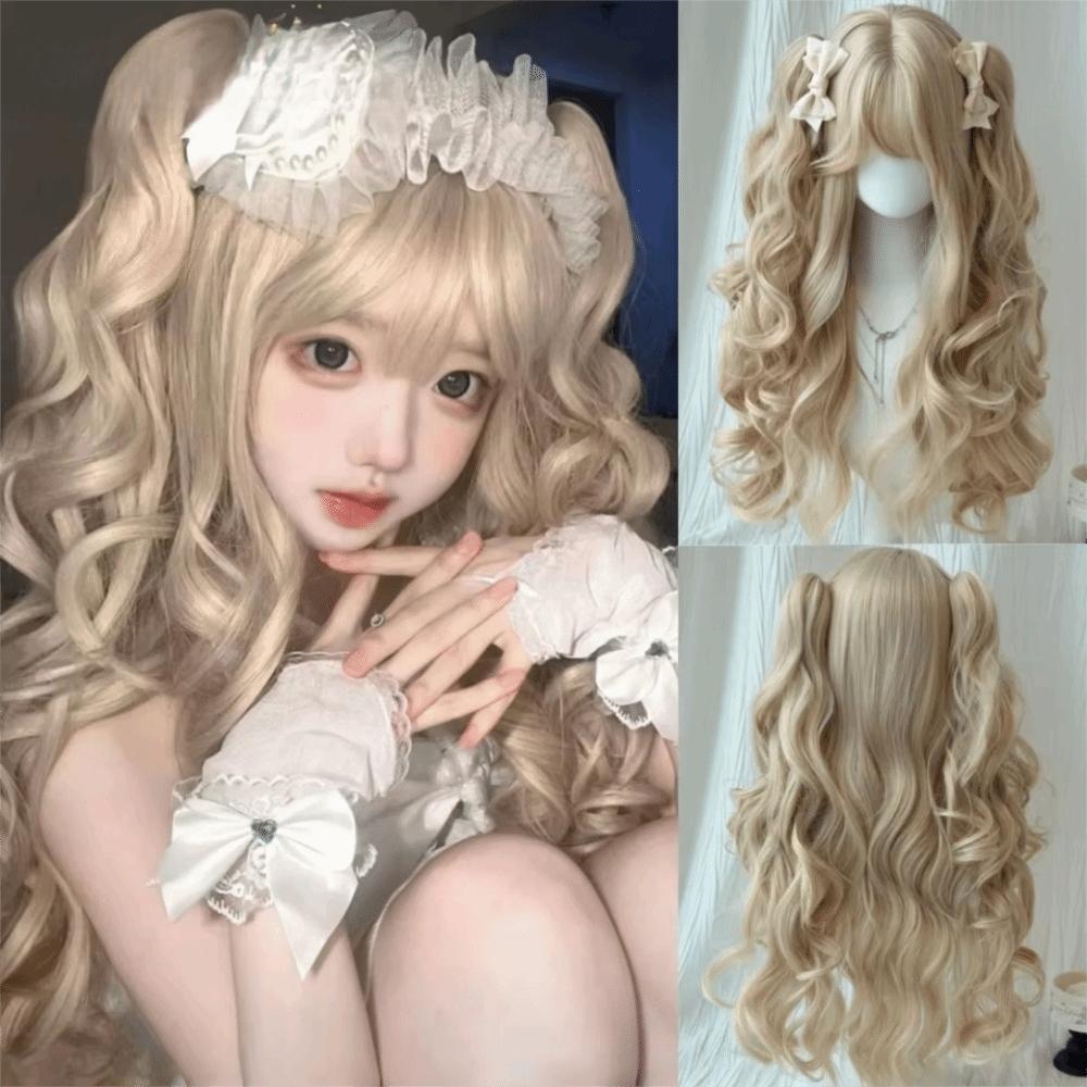 Synthetic Lolita Wig with Bangs Cosplay Halloween Harajuku Wig Long Curly Double Ponytail  Girl