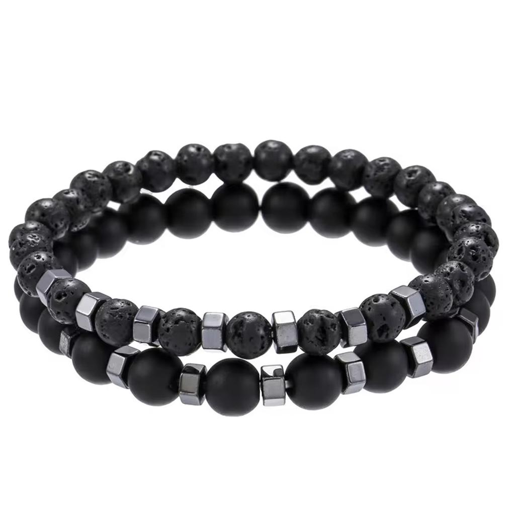 2pcs/set Beaded Bracelet Men 8mm Lava Tiger Eye Stone Bead Charm Men Bracelet Sets Jewelry Gift