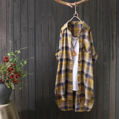 Chemise mi-longue à carreaux littéraire pour femme, Printemps/Automne 2025, Manches longues, Coupe ample polyvalente