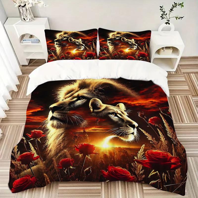 3pcs Lion's Majesty Amidst a Sea of Red Roses Bedding Set - Includes Quilt Cover and Pillowcases, Suitable for All Seasons,
