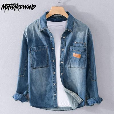 Spring/Autumn Slim Fit Long Sleeve Denim Shirt Men Handsome Streetwear Retro Style Blue Jean Shirt with Double Pockets Casual Overshirt