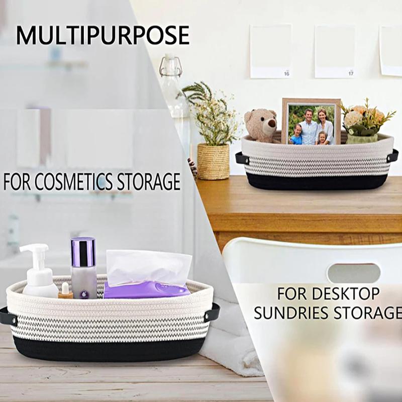 Cestas de armazenamento de tecido, corda de algodão dobrável, decoração para casa, cosméticos, diversos, organizador com alça de couro, organizador de mesa
