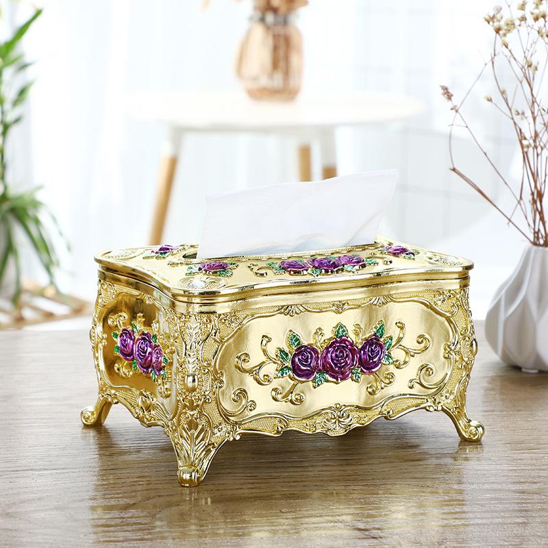 European-style Tissue Box Living Room Desktop Tissue Box Retro LuxuryTissue Case Rose Patterned Napkin Holder Home Decoration