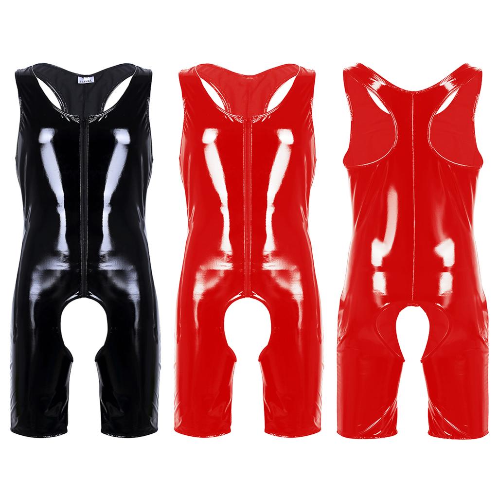 Sexy Men One-piece Tight Crotchless Underwear Shiny Leather Wrestling Singlet Jockstrap Bodysuit Swimwear