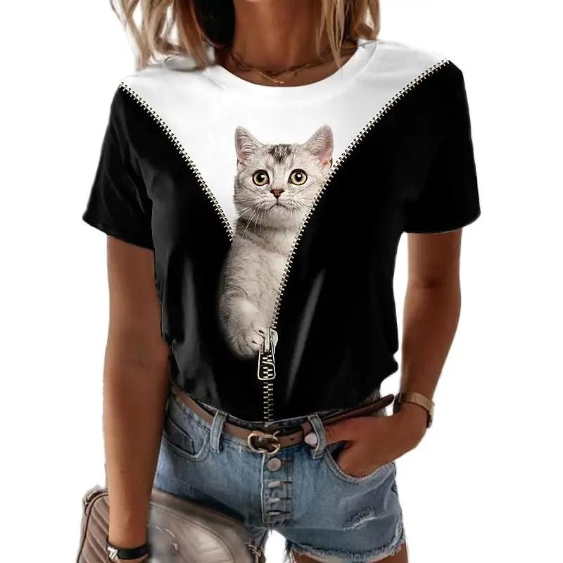 Fashion Women's T-shirts 3D Kawaii Cat Print Short-sleeved Personality Tops Casual Funny Tees Female Oversized Loose Clothing