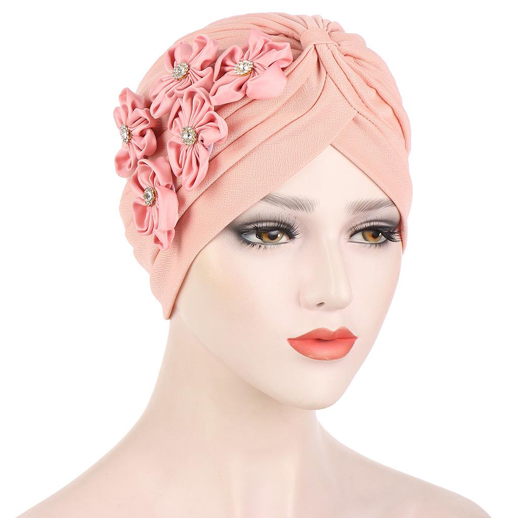 Women Flowers Ruffle Turban Caps Muslim Elastic Pearls Headscarf Bonnet Ladies Hair Accessories Indian Cap Turbante Mujer