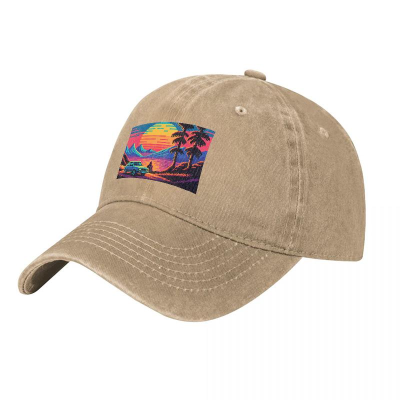Tropical Sunset Vibes Washed Canvas Baseball Cap with Palm Trees and Classic Car Design Retro Art Style Unisex Adjustable Hat