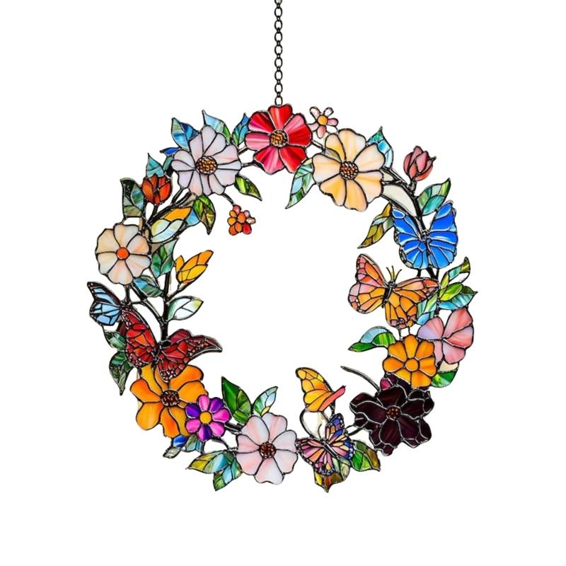 652F Stained Glass Window Hanging Birds Sunflowers Sun Catcher for Window Door Home Decors Fake Green Plant Suncatchers
