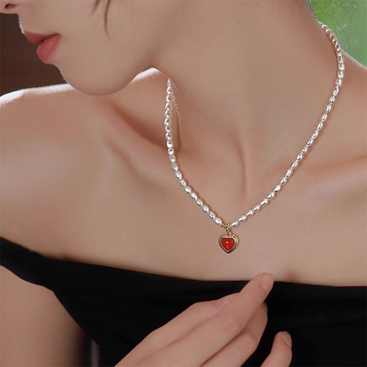 Rice Grain Freshwater Pearl Necklace Women S Fashion Natal Agate Love Pendant Collarbone Chain Temperament Neck Chain