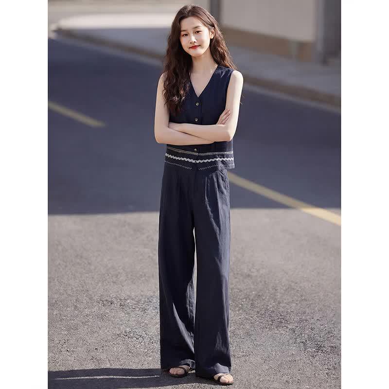 Women's Sleeveless Vest & Wide-Leg Pants Two-Piece Set