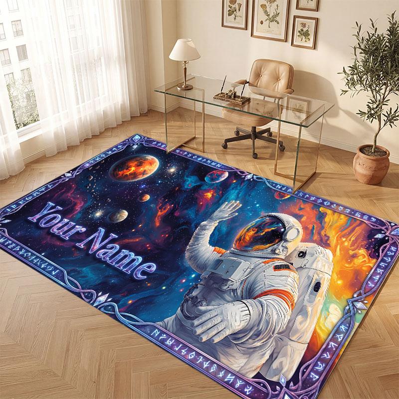 Space Cosmic Theme Crystal Velvet Floor Rug Personalized Custom Name Text Warm Carpet Home Decoration