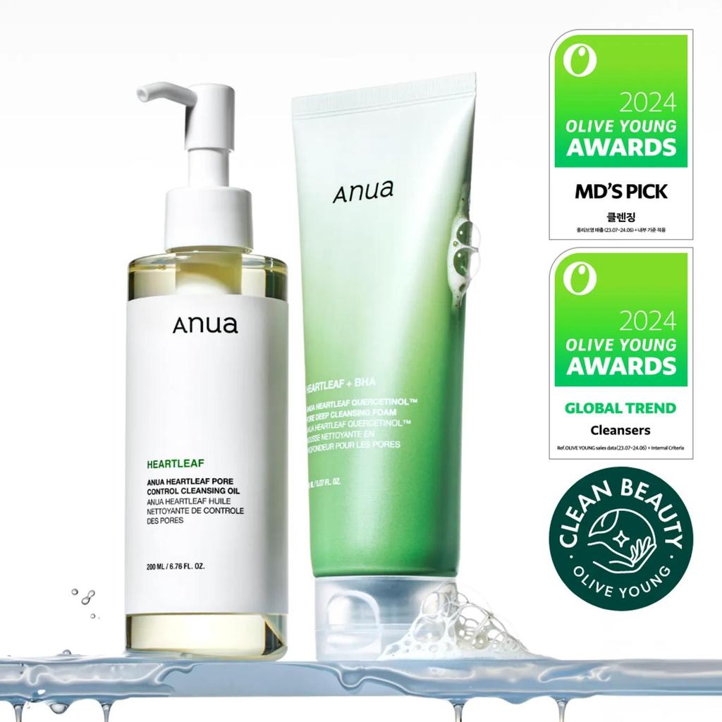 Anua Heartleaf Double Cleansing Set (Heartleaf Pore Control Cleansing Oil 200mL + Heartleaf Quercetinol Pore Deep Cleansing Foam 150mL)