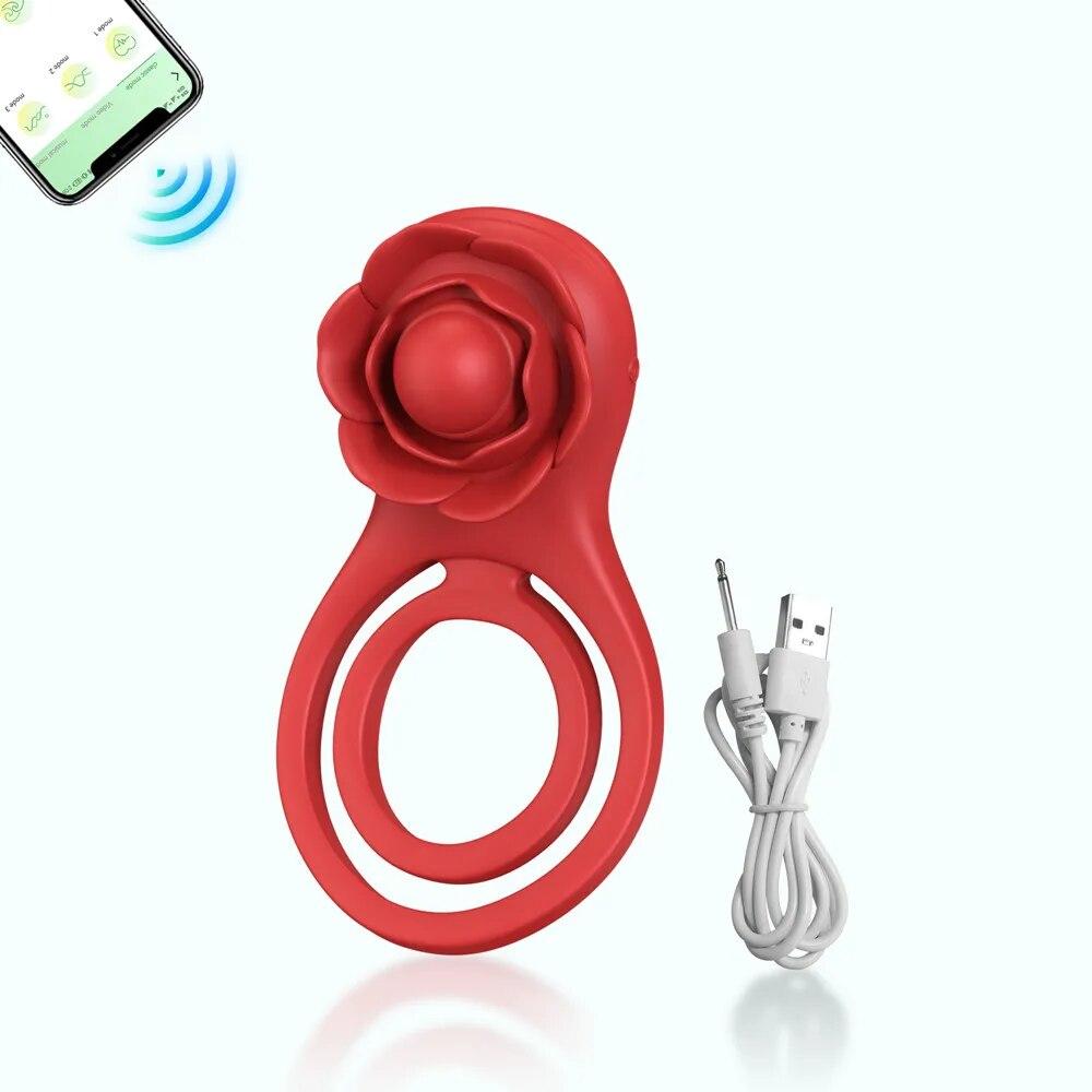 Rose-Toy Bluetooth APP Vibrátor na penisový kroužek pro muže Zámek spermatu Mužské erekční kroužky Zpoždění ejakulace Sexuální hračky pro páry