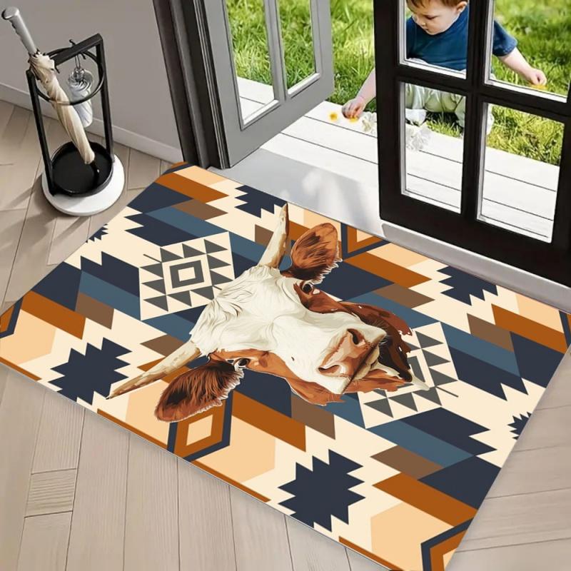 Black White Cow Print Area Rug Carpet Non Slip Floor Mat, Western Vintage Jewel Bow Print Water Washable Doormat