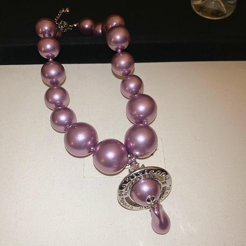 Saturn Pendant Necklace With Faux Pearl Chain For Elegant Women