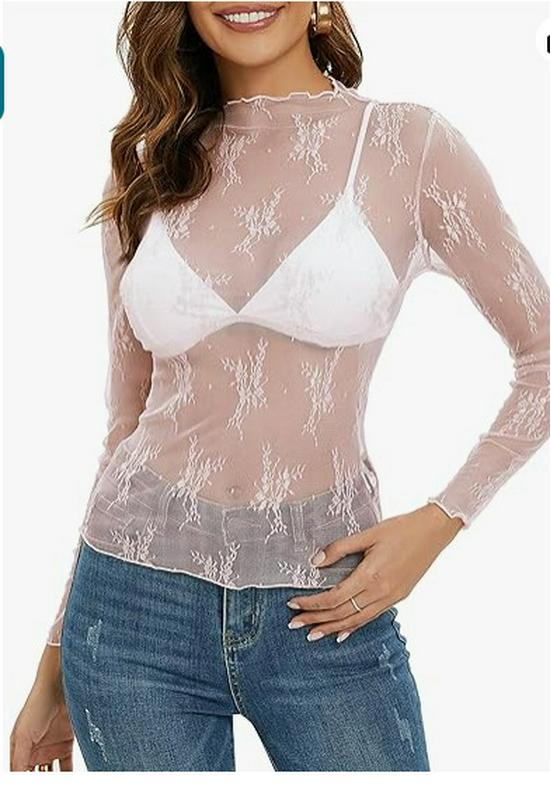 Women's Mesh Lace Layered Stand Collar See-through Top.