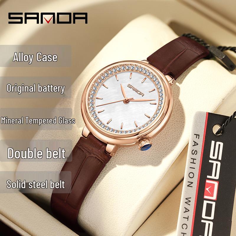 Women's Sanda Round Quartz Wristwatch - Elegant, Diamond-Accented, Light Luxury, Waterproof.