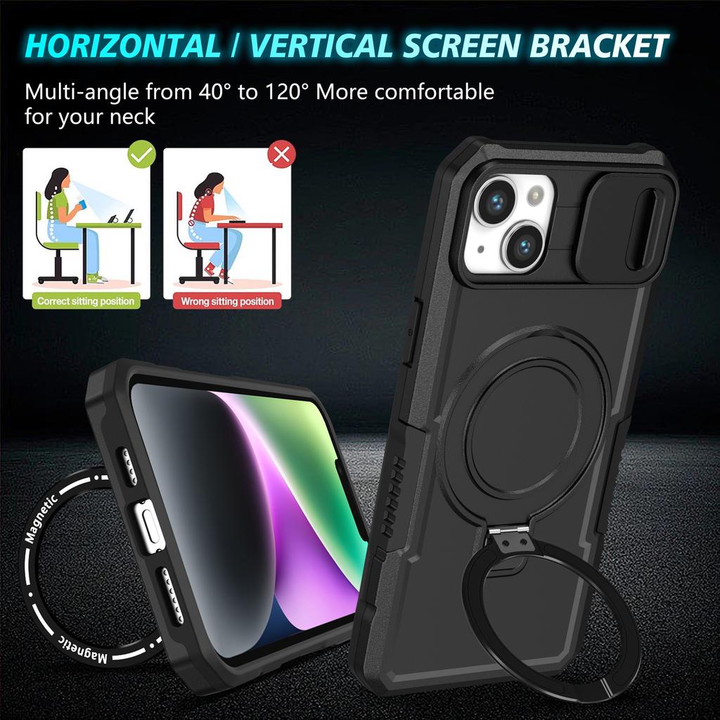 PC+TPU Phone Case for iPhone 15 Compatible with MagSafe Kickstand Cover with Sliding Lens Guard