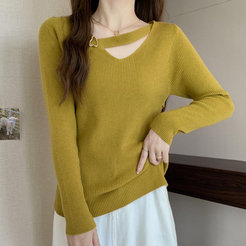 

Женские свитера, пуловеры 2025 Осень Зима Длинный рукав V-образный вырез Белый Черный вязаный свитер Женские топы Пуловер JJ75 One Size жёлтый