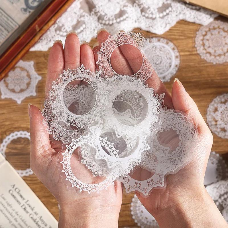30Pcsbag Clear White Lace Pattern Stickers Retro Vintage Classic Pet Diy Journaling Album Diary Scrapbooking Collage Materials