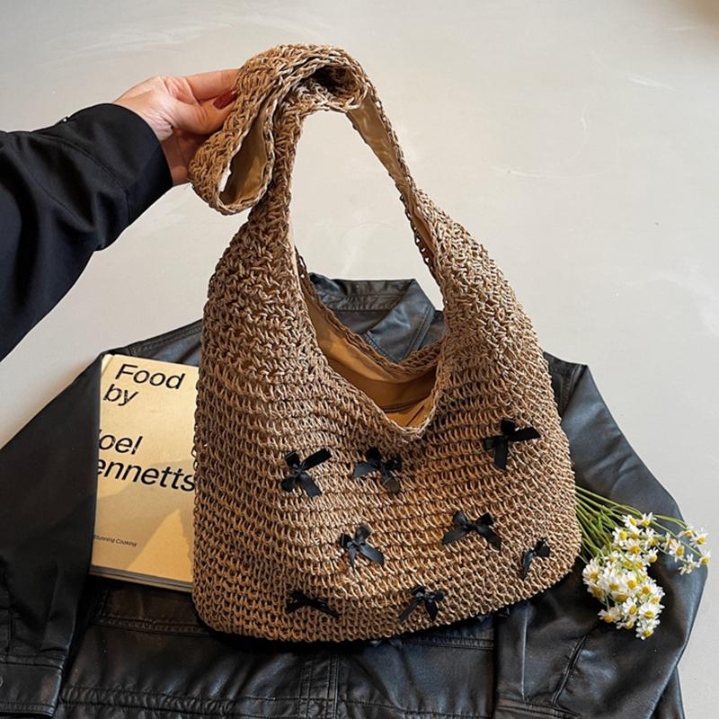 Women Straw Woven Bag Fashion Shoulder Bag Large Capacity Straw Tote Bag Lightweight Stylish Bow Handbag Vacation Bag 37x10x37cm хаки