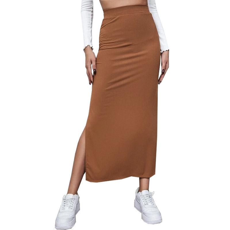 Dames Zwarte Ribbel Gebreide Maxi Rok Hoge Taille Zijsplit Bodycon Potloodrok