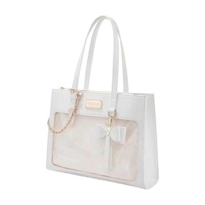 Japanese School Girl Cute Bowknot PU Leather Shoulder Bag Itabag Student Anime Clear Window Zippered Handbag for Women  White
