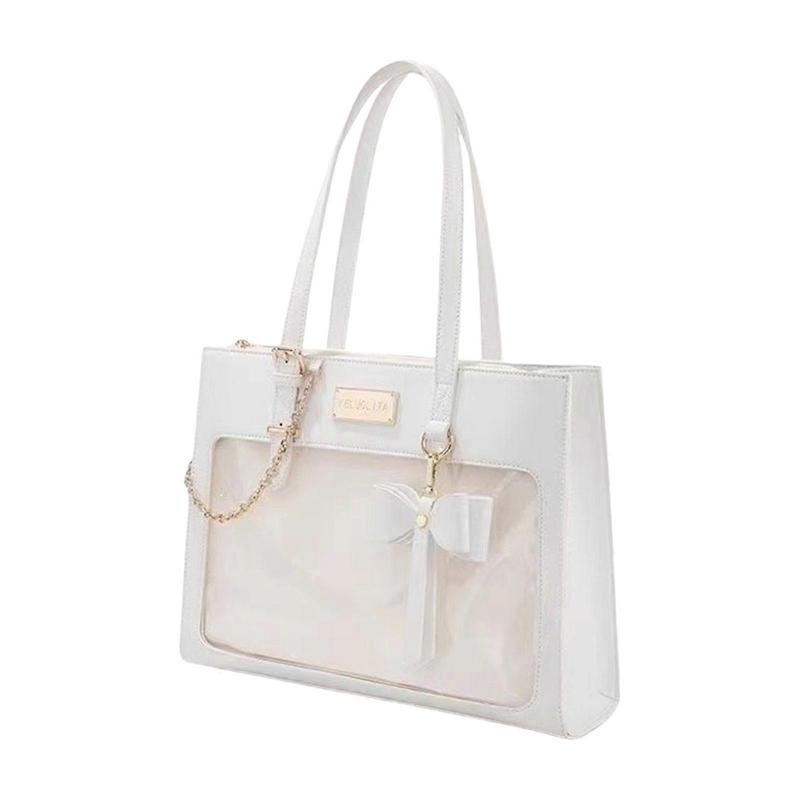 Japanese School Girl Cute Bowknot PU Leather Shoulder Bag Itabag Student Anime Clear Window Zippered Handbag for Women White