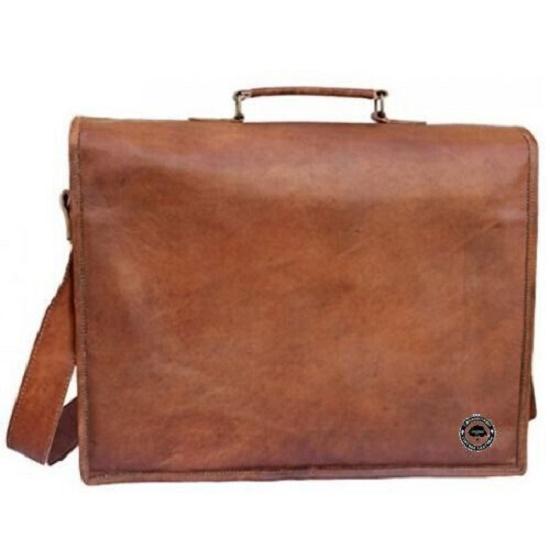 Genuine Vintage Goat Leather Messenger Real Satchel Bag Laptop Brown Briefcase