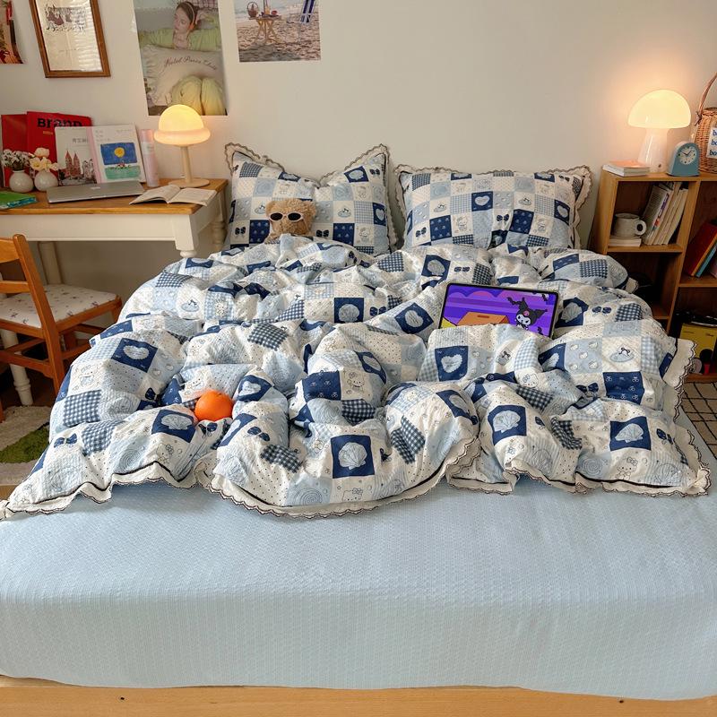 Korean French Style Hollow Lace Puff Cotton Bedding Set, Girly Duvet Cover - Available As 4-Piece or 3-Piece Set