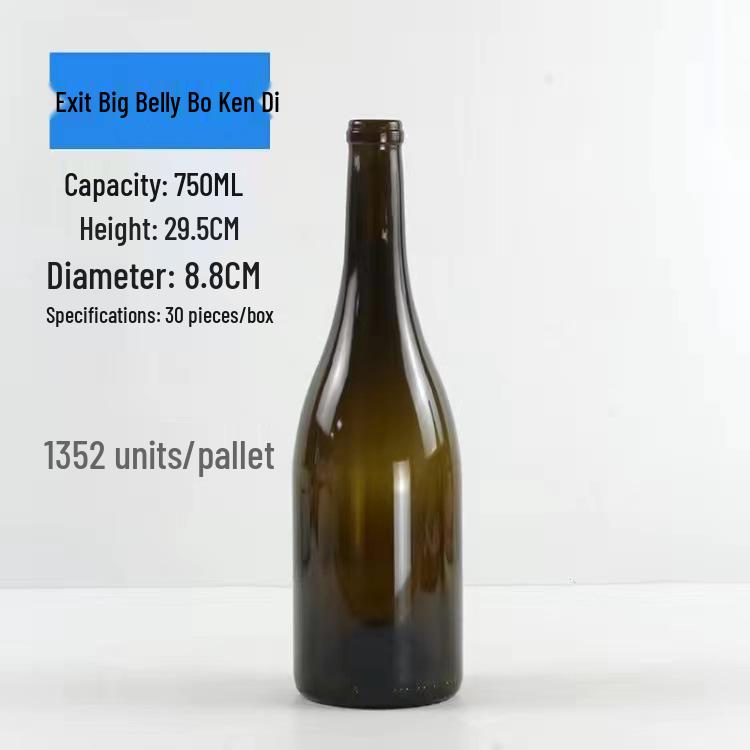 750ml mattierte große Bauch-Dunkelgrüne Glasweinflasche für Cabernet