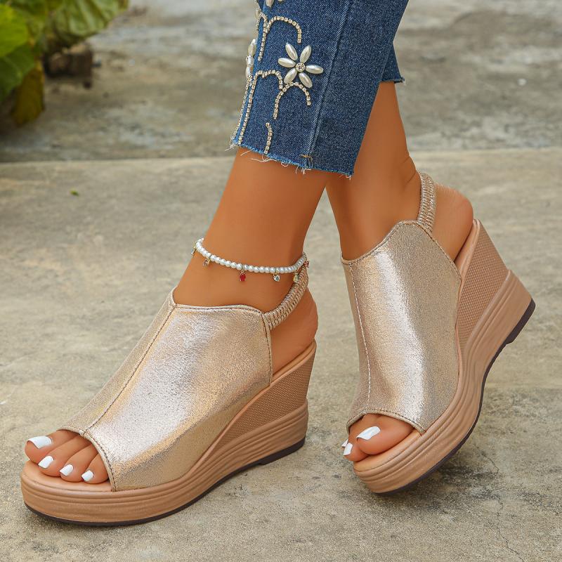 Casual Gold Thick Bottom Wedge Heel Sandals Women 2025 Summer Round Toe Chunky Platform Sandals Bohemia Soft Sole Beach Shoes