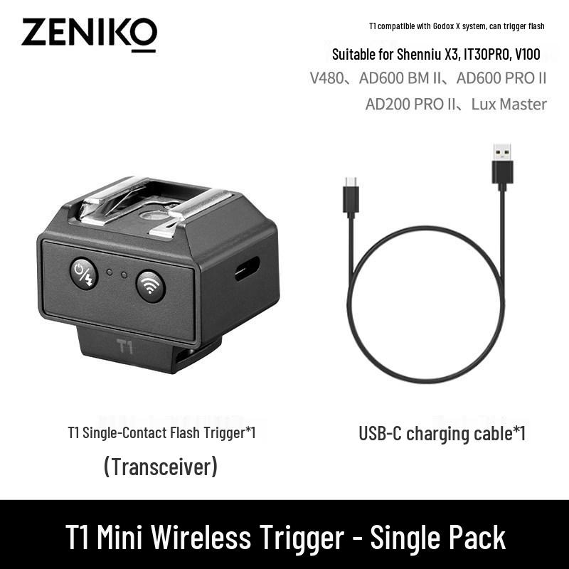 

ZENIKO T1 Wireless Mini Flash Trigger with Universal Hot Shoe Interface and Rechargeable Lithium Battery.