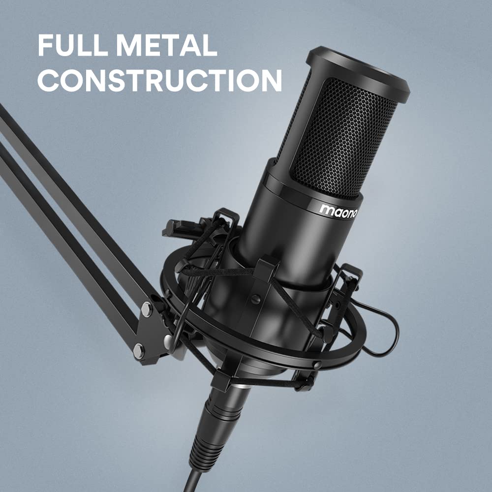 MAONO XLR Microphone, Condenser Microphone Set, Unidirectional Streaming Microphone with Arm Stand and XLR-XLR Cable for Sound Systems, Amplifiers,