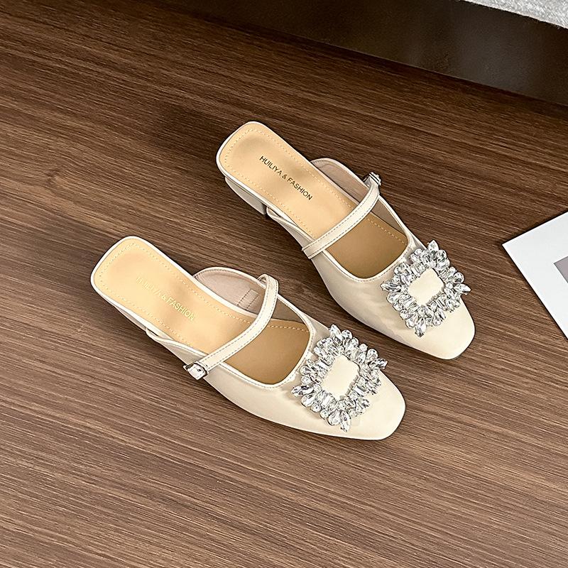 

Y523-7 стразовая квадратная пряжка с головкой сумки и полушлепанцы 2025 новая летняя квадратная головка толстый каблук туфли Мюли 40 абрикосовый