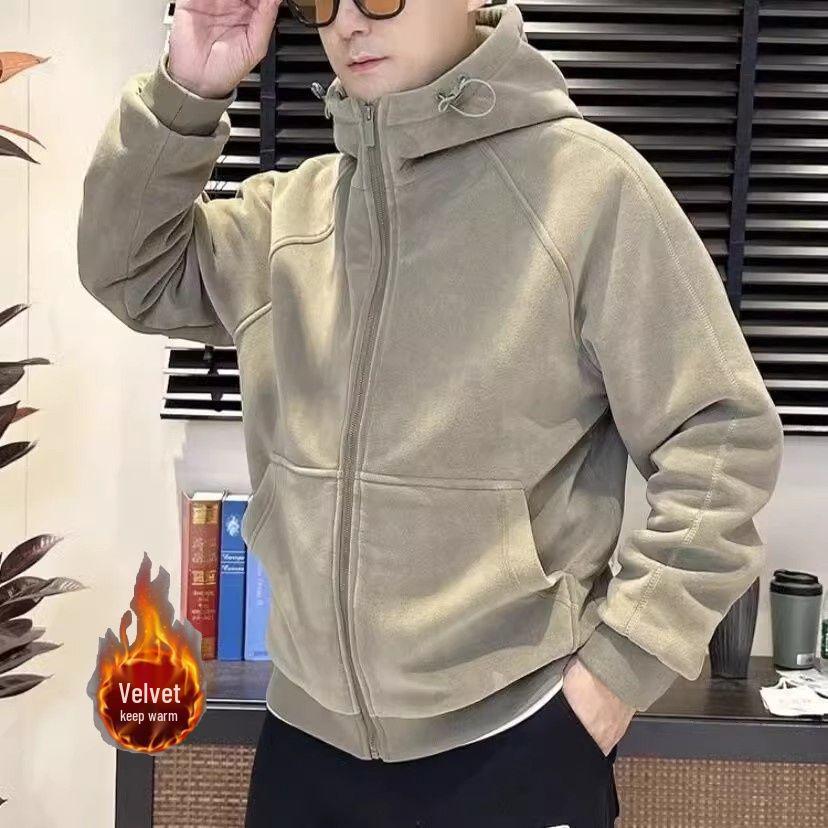 Men's Solid Color Hooded Fleece Cardigan - Thick, Loose Fit Zipper Jacket for Autumn and Winter.