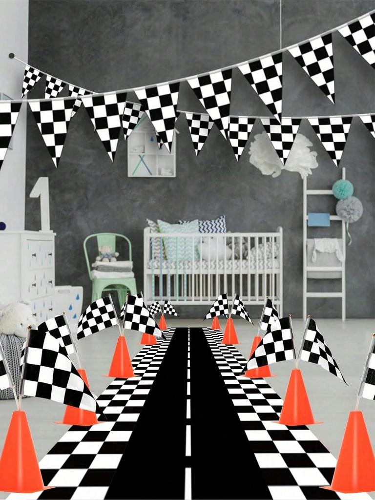 1pc Racing-Style Black-White Checkerboard Linen Table Runner, 2D Printed, Year-Round Use, Decor for Dining/Kitchen/Living Room,
