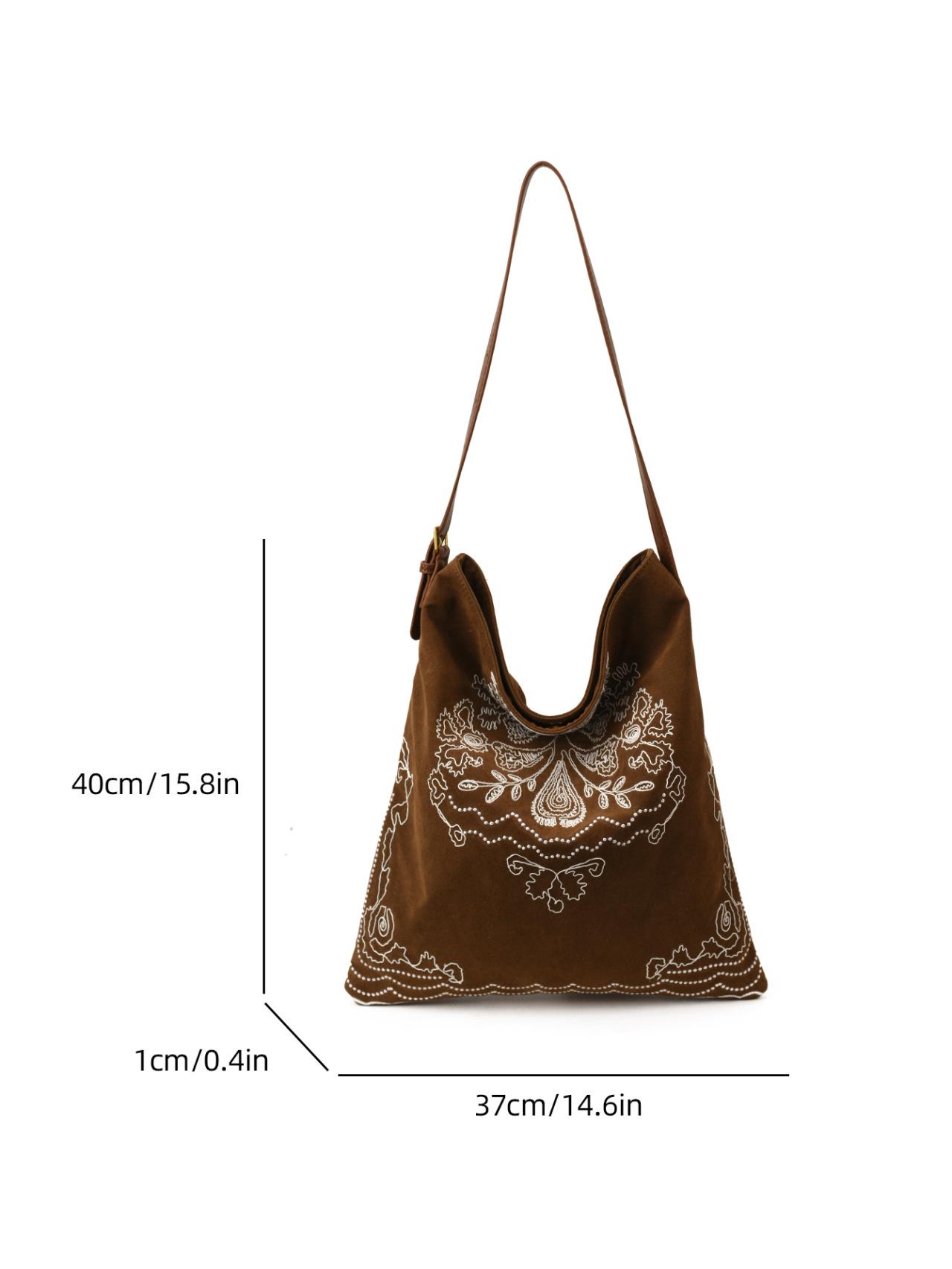 

Женская вышитая этническая матовая замшевая сумка-тоут - Большая вместимость, свободный стиль ношения на плече жёлтый/коричневый