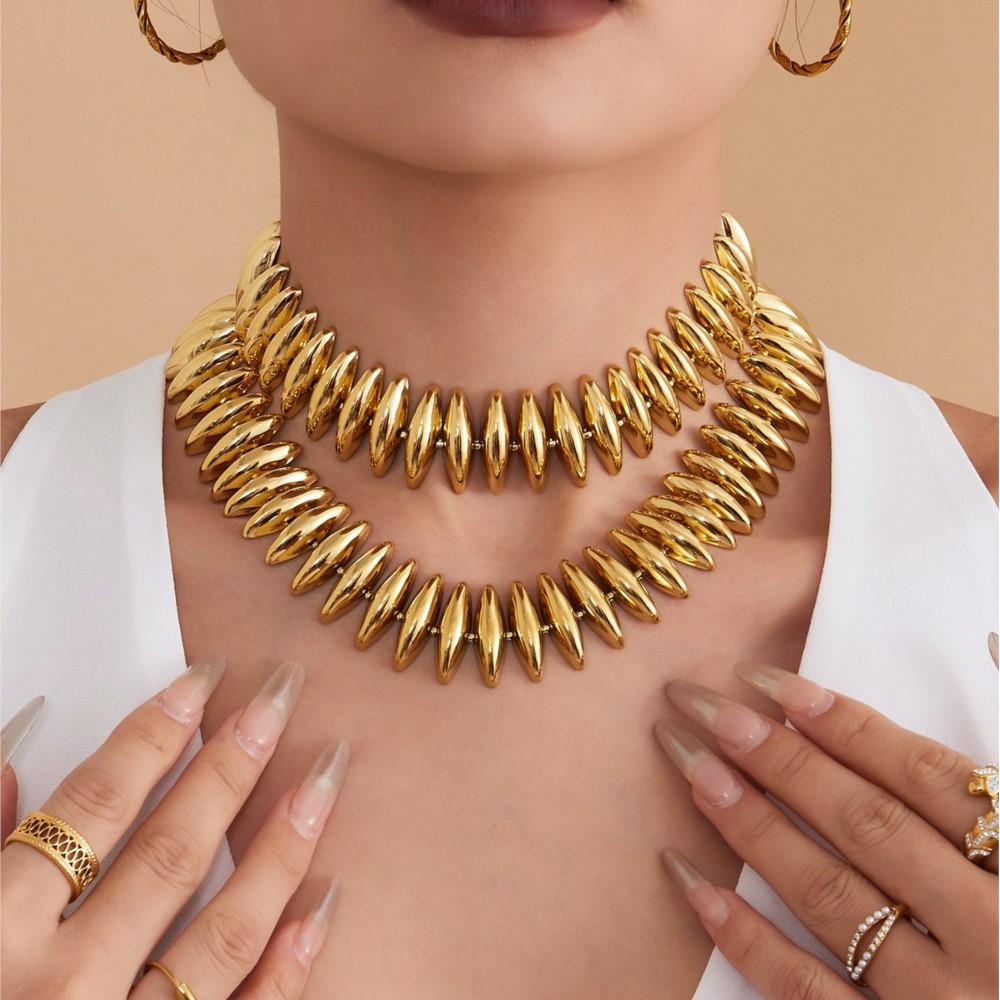 Chunky Choker Necklace Bracelet Set In Stainless Steel 18k Gold Plated Shuttle Beaded Thick Short Necklaces Bracelets For Women