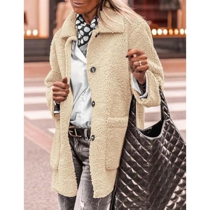 Lamb Wool Coat for Women Long Sleeves Turndown Collar  Medium Length Cotton Jacket Solid Color Warm Comfortable Autumn and Winter