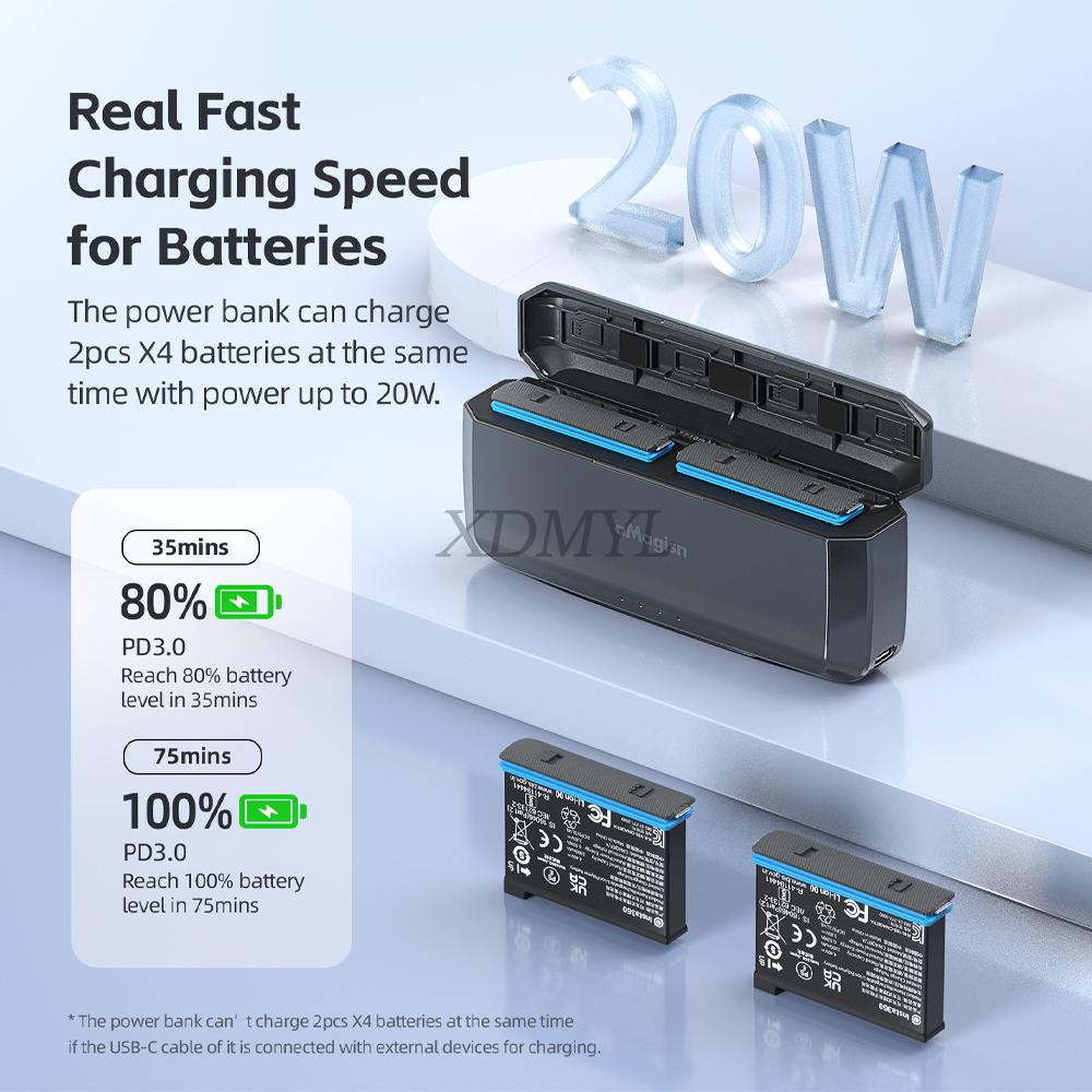 Battery Charge Box For Insta360 X4/Insta360 Ace/Pro Fast Charging Mobile Power Bank Charger Case For DJI Action 4/3 Accessories