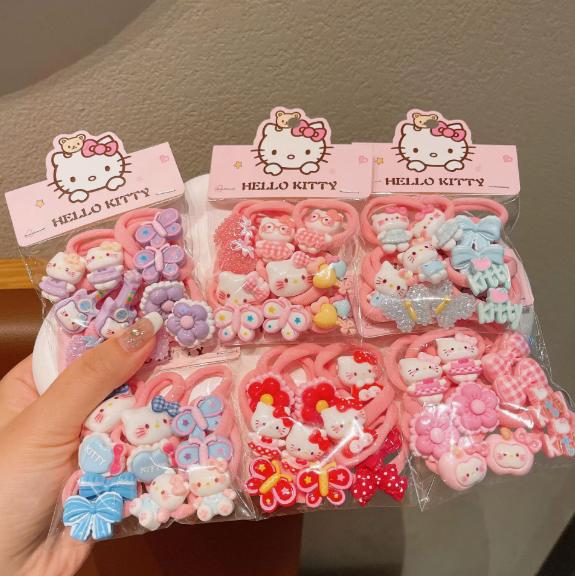

10 Pcs Children S Hair Bands Pink Cute Kt Cat Bowknot Hair Accessories Baby Small Rubber Bands Hair-Friendly Girls Hair Ties