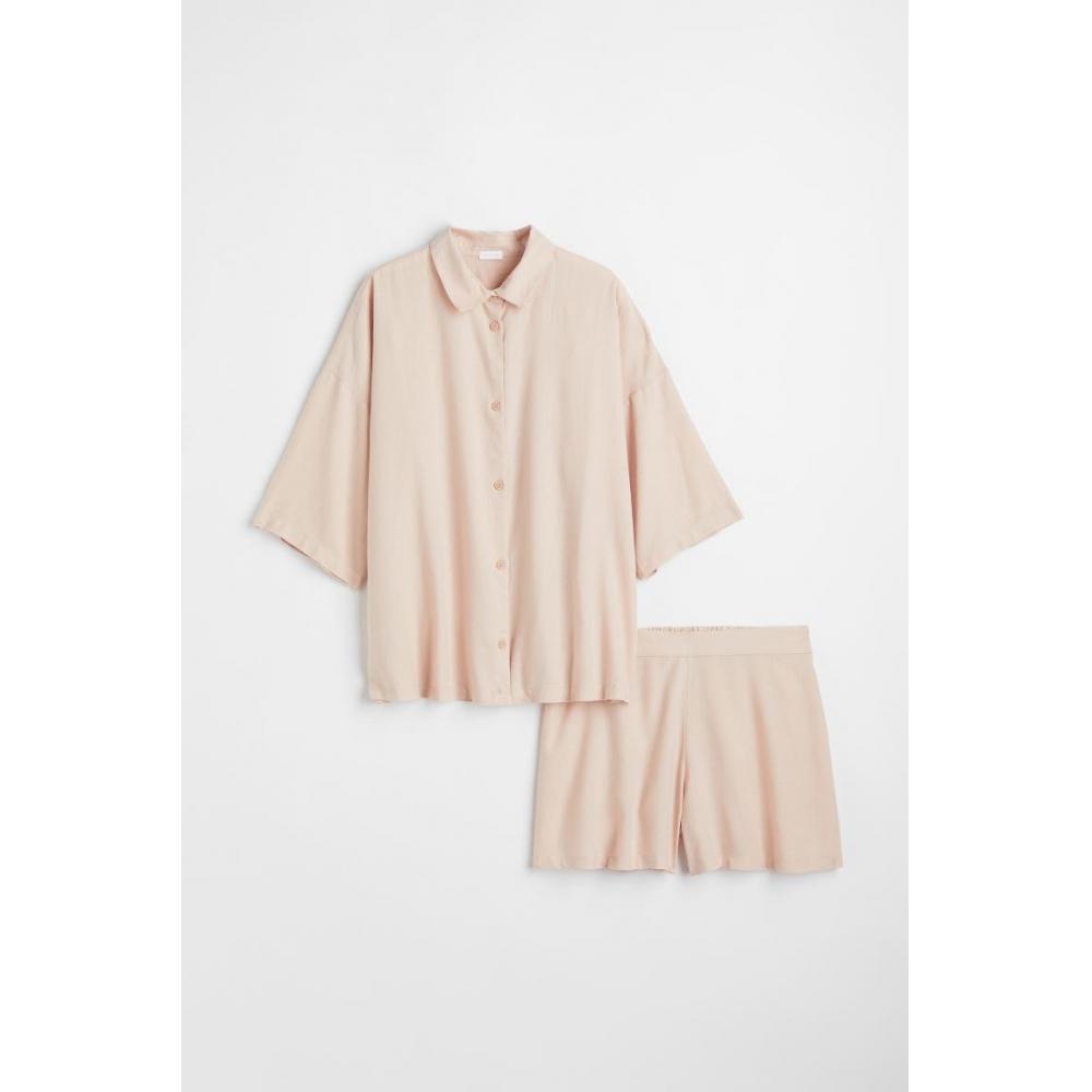 H&M Pajama Shirt & Shorts Powder Beige