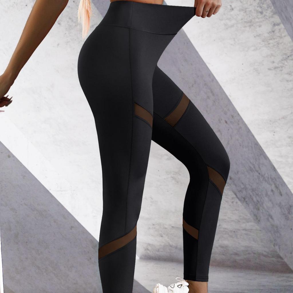 Women's Black Mesh Patchwork High Waist Yoga Pants - European & American Slimming Hip Lifting Nine-Point Style