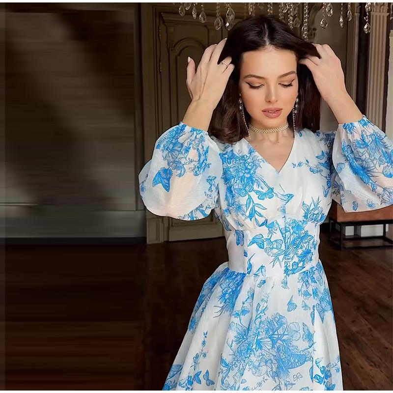 Women's Printed Long Hem Dress with V-neck and Irregular Strap Design Casual Waist Cinching Versatile and Elegant Women's Dress for Daily Wear