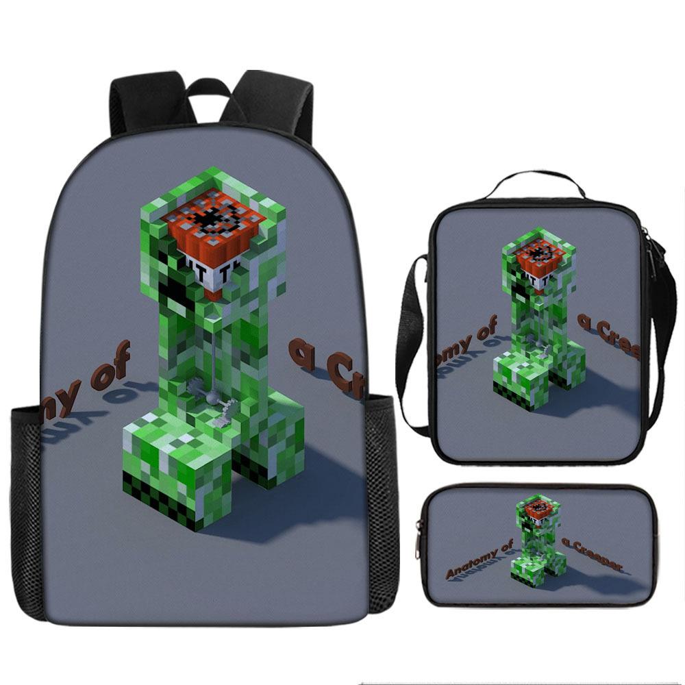 Minecraft Cartoon Print Backpack Set 3-Piece Student School Bag Water-Resistant Large Capacity Unisex