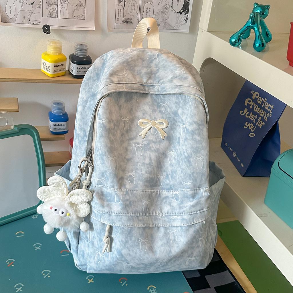 Schoolbag New Korean Version Ins Tie-dye Wind Fog Feeling Small Fresh Backpack Bow Print Primary School Bag Women's Backpack