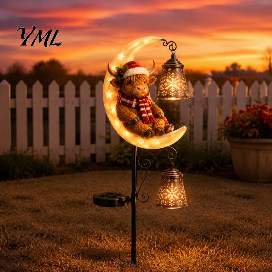 Solar Powered Porch Lighting Highland Cow Moon Garden Light, Christmas Metal Decorative Crescent Lawn Lamps Stake Outdoor Yard Path Decoration