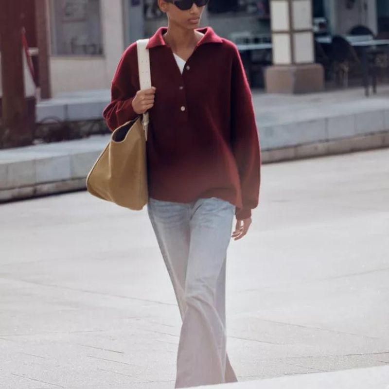 Fall and Winter New Women's Clothing Fashion Style Wool Blend Simple Loose Long Sleeves Polo Shirt Tops 2893160