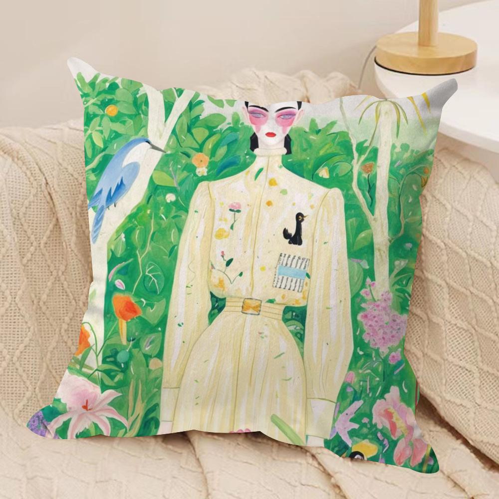 Fashion Illustration Cushion Cover Soft Plush Fabric Double-Sided Printed Sofa Cushion Cover for All Seasons Home Decor Gift